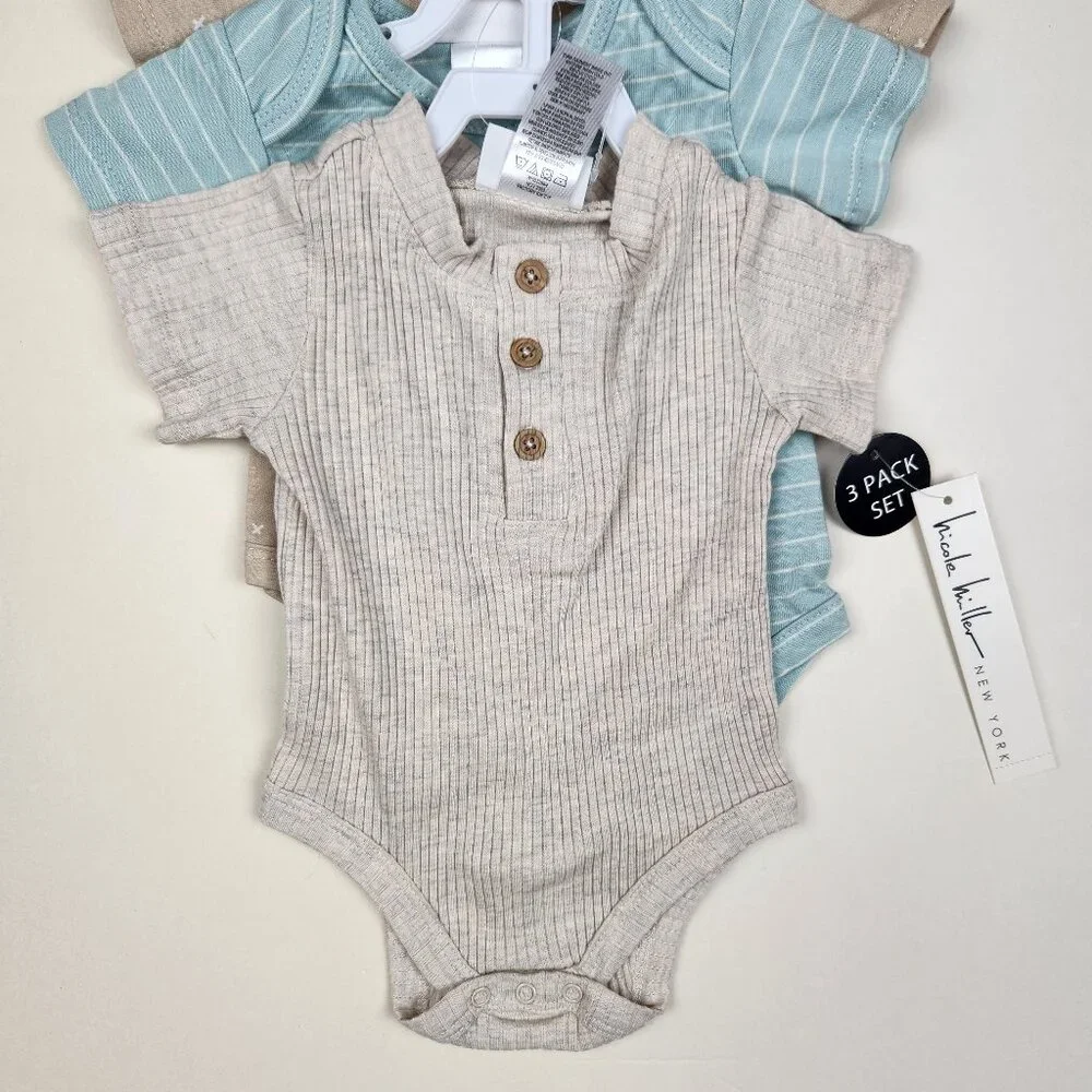 NWT Nicole Miller 3 Pack Short Sleeve Onesie Bodysuit Creepers sz 0-3 months